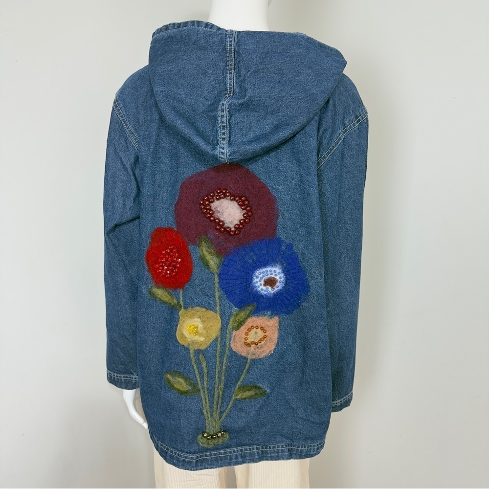 Keren Hart Women’s Denim Jacket Size L – Floral & Stone Accents, Deep Pockets - Picture 3 of 14